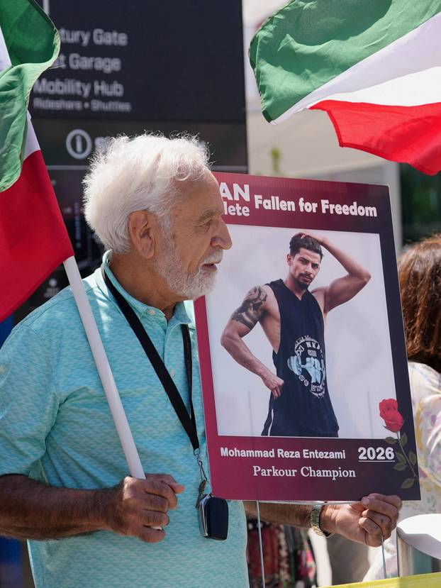 Protest ahead of Iran's first match during the FIFA World Cup 2026, near SoFi Stadium