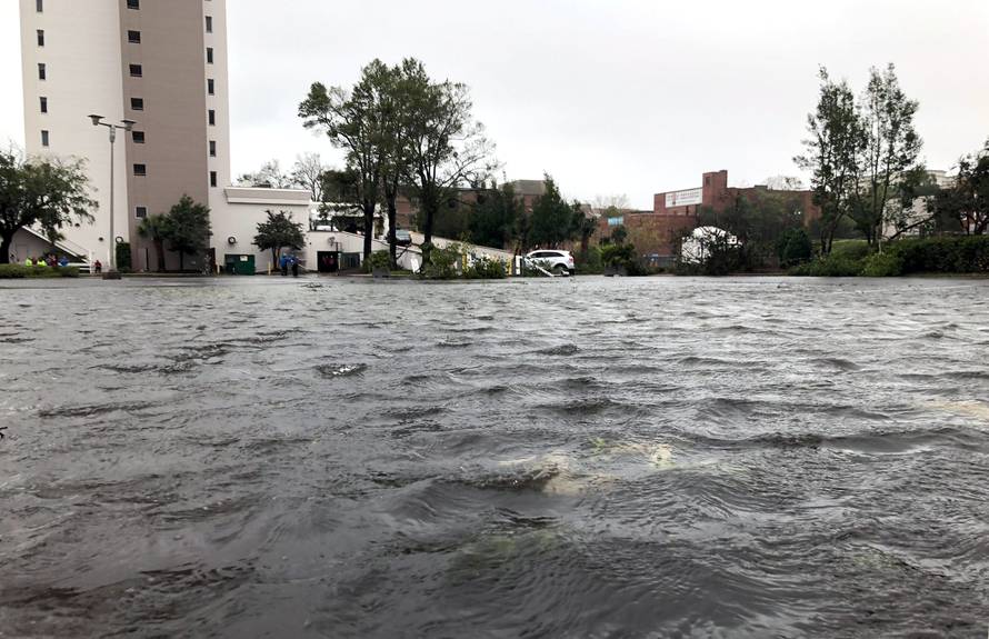 Rain water floods streets as Hurricane Florence moves into the Carolinas in Wilmington North Carolina