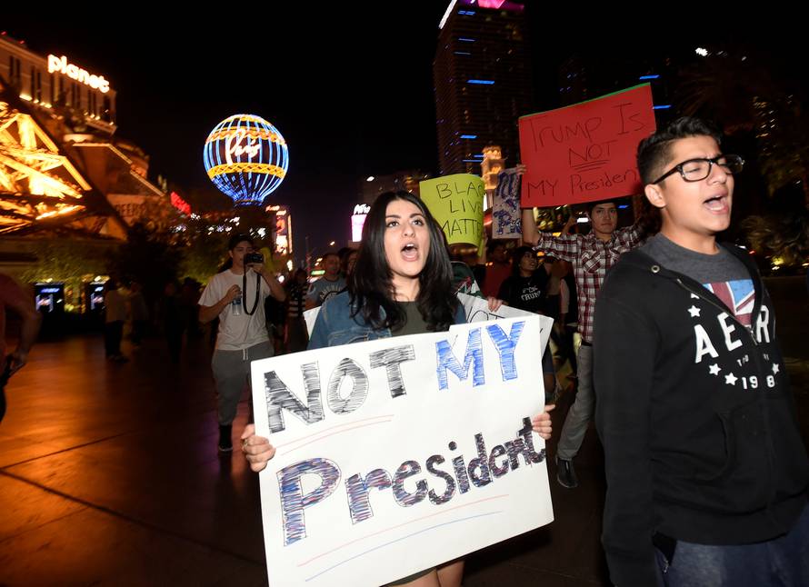 Demonstrators chant during a protest march against the election of Republican Donald Trump as President of the United States, along the Las Vegas Strip in Las Vegas