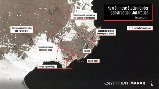 A satellite view with overlays shows areas to be developed at the new Chinese station under construction, on Inexpressible Island