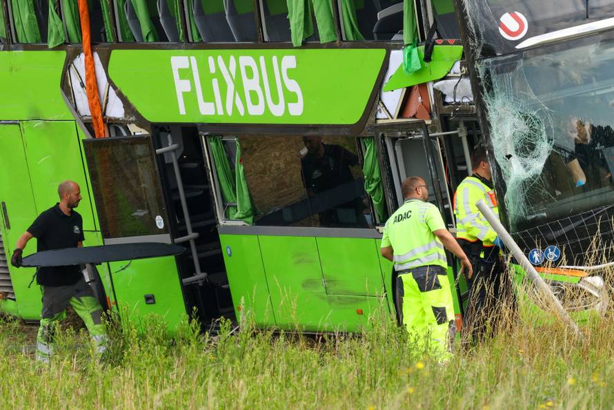 A view of the scene of a crashed FlixBus bus that was en route from Copenhagen to Berlin