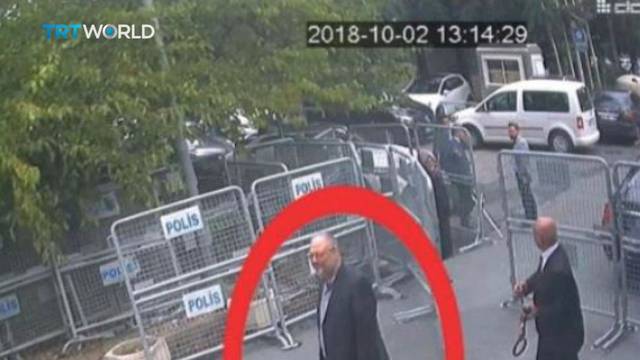 A still image taken from CCTV video and obtained by TRT World claims to show Saudi journalist Jamal Khashoggi, highlighted in a red circle by the source, as he arrives at Saudi Arabia's Consulate in Istanbul