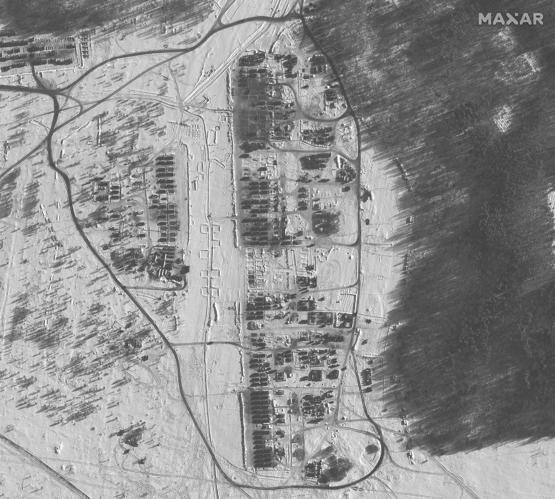 A satellite image shows deployment of troop housing area and military equipments in Yelnya