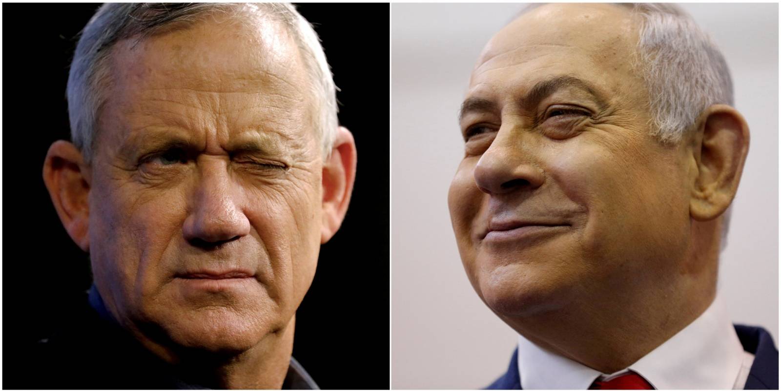 A combination picture shows Benny Gantz (left), leader of Blue and White party, at an election campaign event in Ashkelon, Israel, April 3, 2019, and Israeli Prime Minister Benjamin Netanyahu smiling at a polling station in Jerusalem