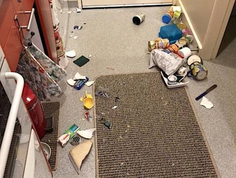 Food containers and kitchen items that were thrown due to an earthquake lay across the floor in a home in Wellington, New Zealand