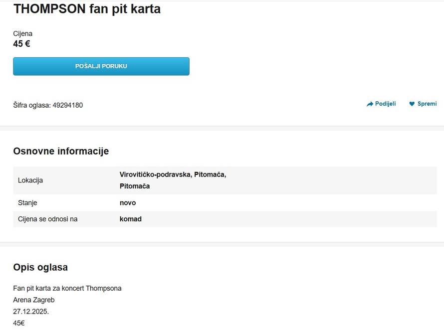 Karte za Thompsona u Areni prodaju i po 200€ po oglasima