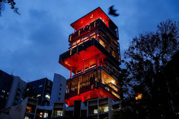 Antilia, the house of Indian businessman Mukesh Ambani, is decorated ahead of his son's wedding, in Mumbai