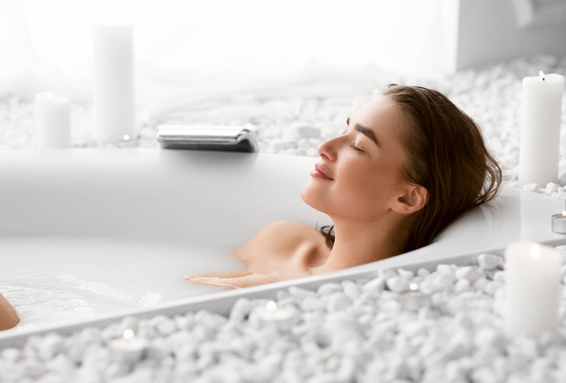 Wellness And Relax Concept. Woman Resting In Bath