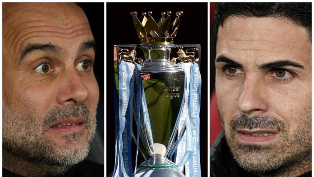 A combination picture shows Manchester City manager Pep Guardiola, Arsenal manager Mikel Arteta and the Premier League trophy ahead of tomorrow's crunch title clash
