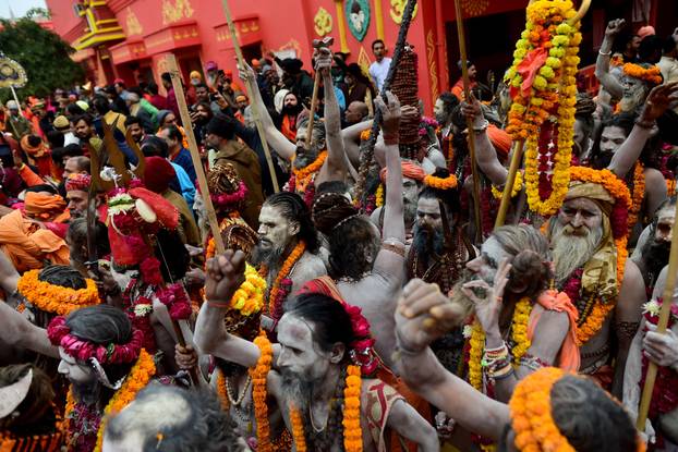 The arrival of the members of an akhara or sect of sadhus for the upcoming "Maha Kumbh Mela" in Prayagraj