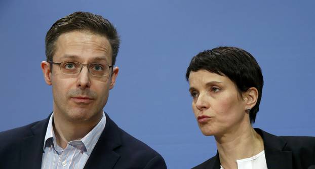 NRW AfD party leader Pretzell and AfD leader Petry address a news conference in Berlin