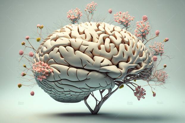 Human brain with spring flowers, symbolising mental health and s