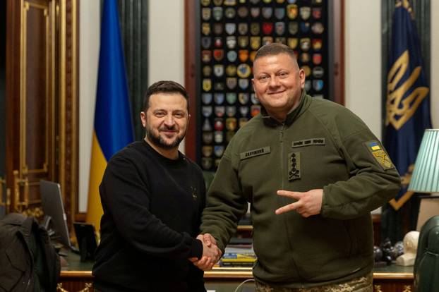 FILE PHOTO: Ukraine's President Zelenskiy and UAF Commander in Chief Zaluzhnyi pose for a picture during a meeting in Kyiv