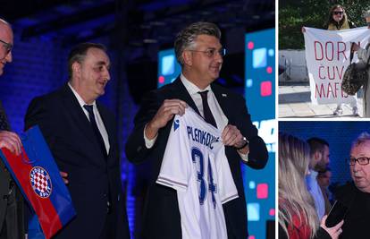 Plenković dobio Hajdukov dres, Šeks uživao u društvu, a ispred dvorane prosvjed: 'Čuva mafiju'
