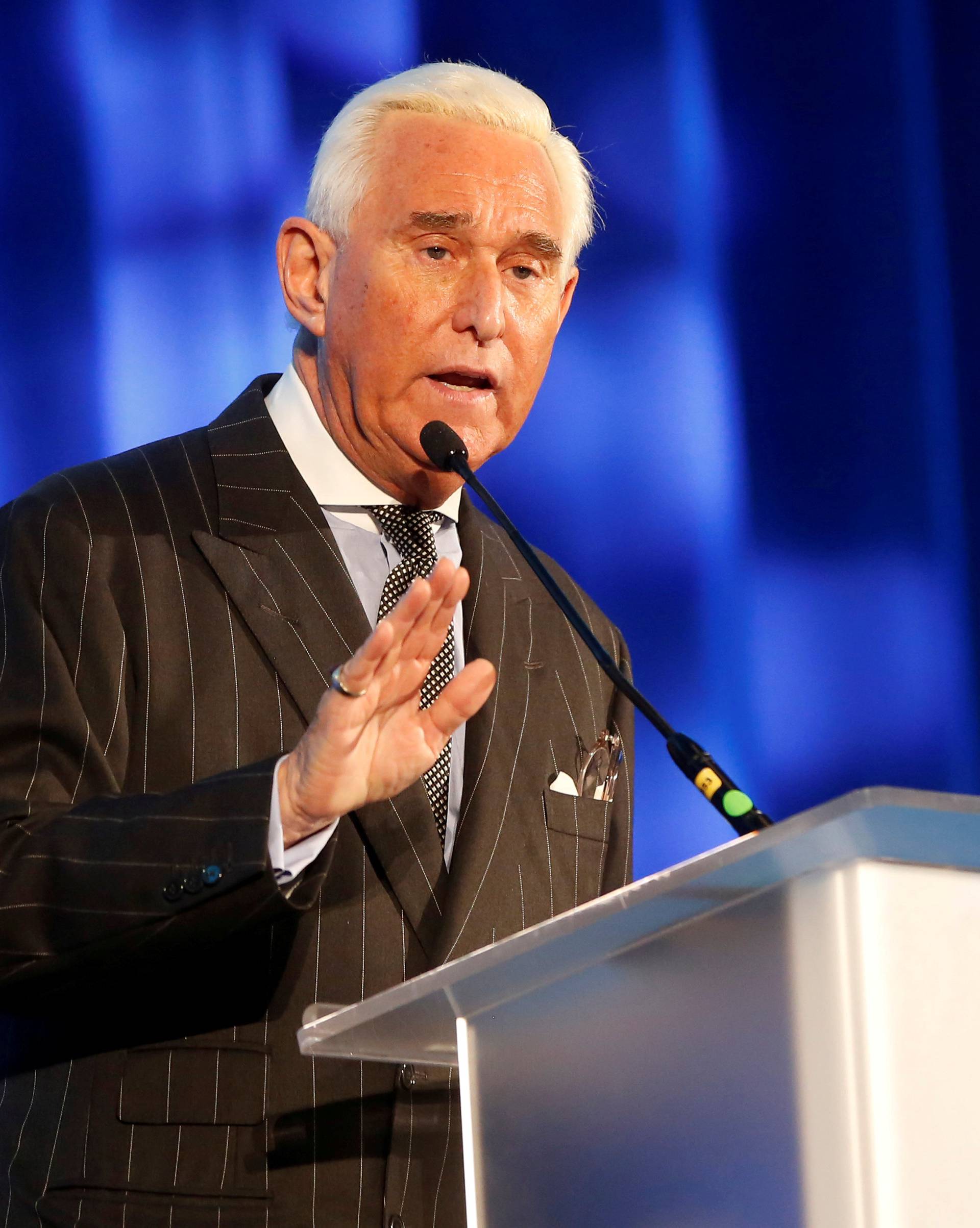 FILE PHOTO: Political operative Roger Stone speaks at the American Priority conference in Washington D.C.