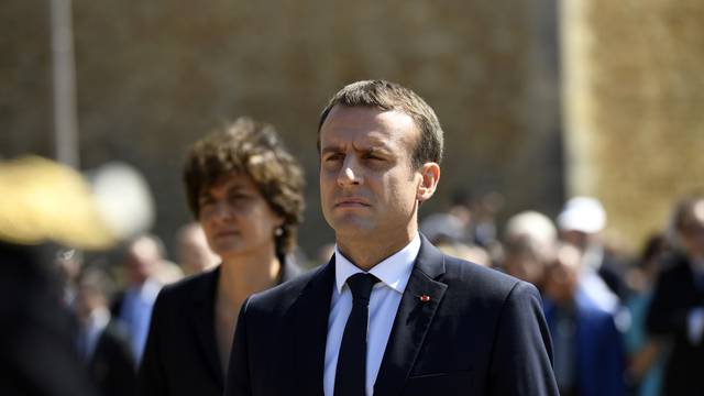 French President Emmanuel Macron attends a ceremony marking the 77th anniversary of late French General Charles de Gaulle's appeal of June 18, 1940, at the Mont Valerien memorial in Suresnes