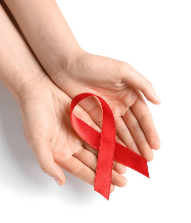 Woman, Holding, Red, Ribbon, He, White, Background ,, Top, View., Cancer