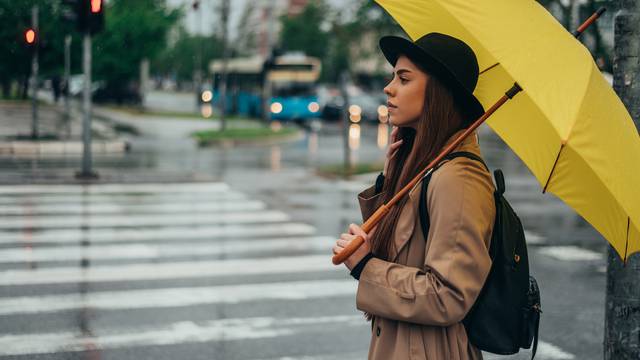 Woman holding yellow umbrella while in the city while it rains