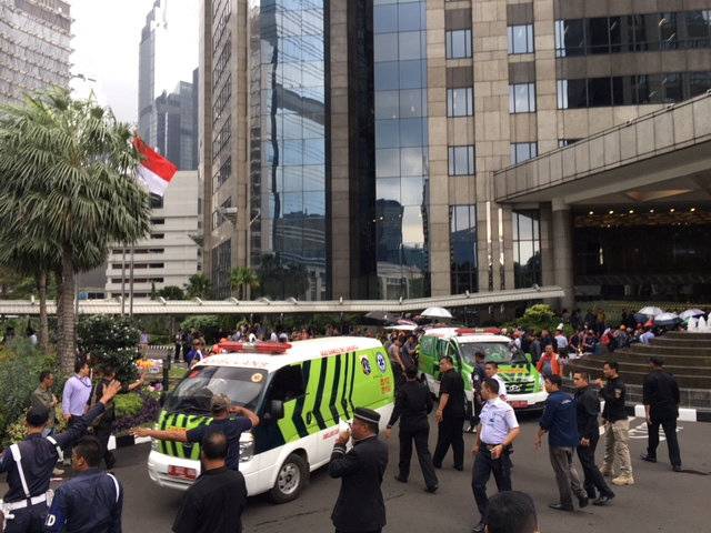 Ambulances are seen following reports of a collapsed structure inside the Indonesian Stock Exchange building Jakarta, Indonesia,