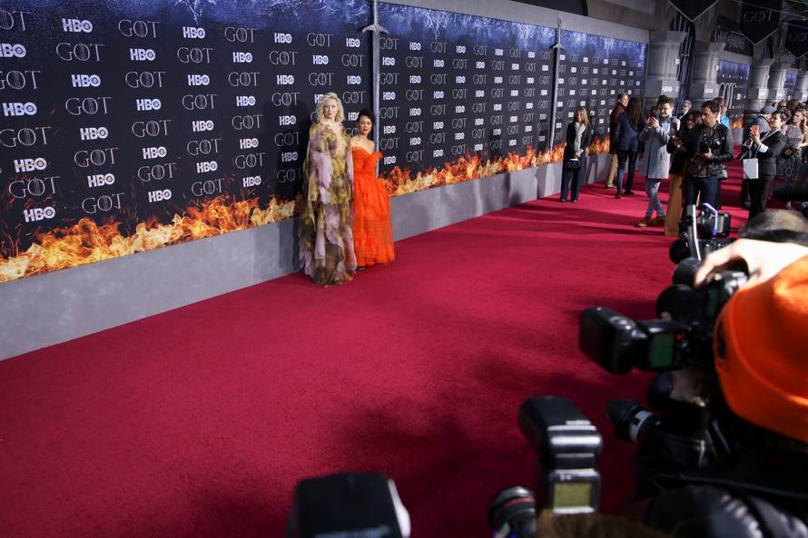 Nathalie Emmanuel and Gwendoline Christie arrives for the premiere of the final season of "Game of Thrones" at Radio City Music Hall in New York