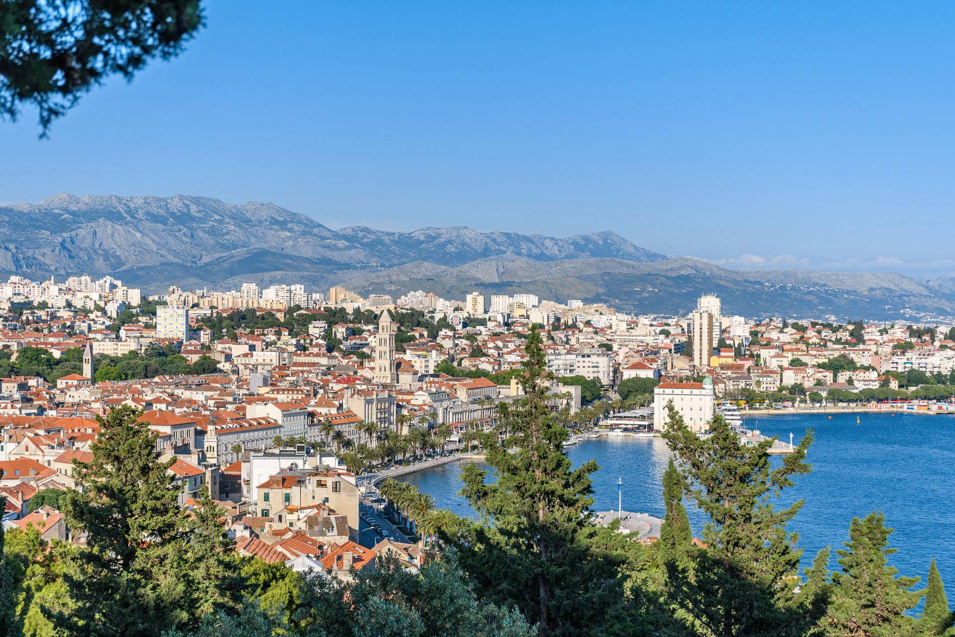 Cityscape of the Split city near the sea with mountains behind it, Croatia