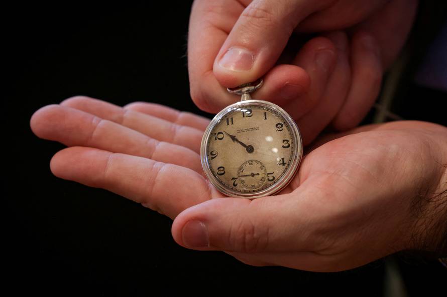 A Patek Philippe & Co. pocketwatch formerly owned by Al Capone is displayed at Sotheby’s Auctions in New York