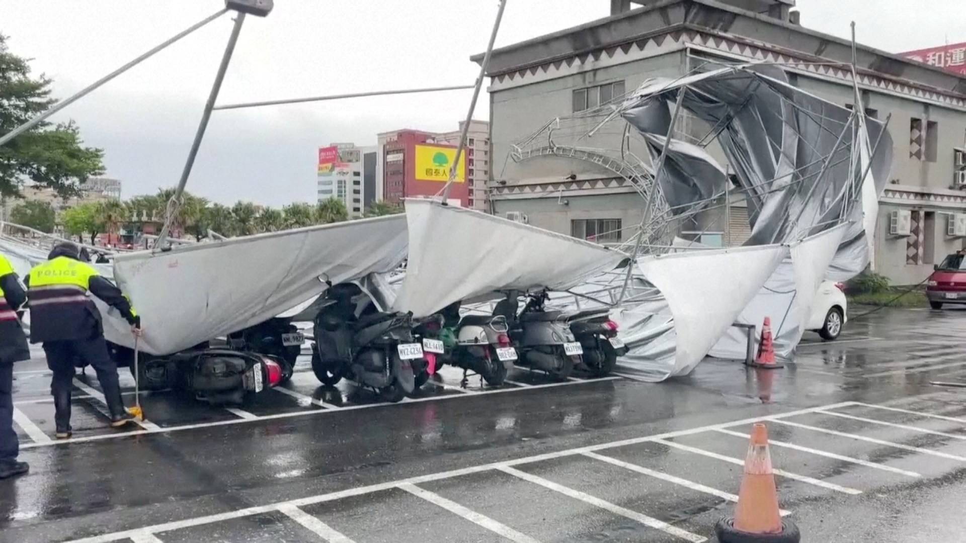 Collapsed canopy at a parking lot as Typhoon Haikui approaches, in Hualien