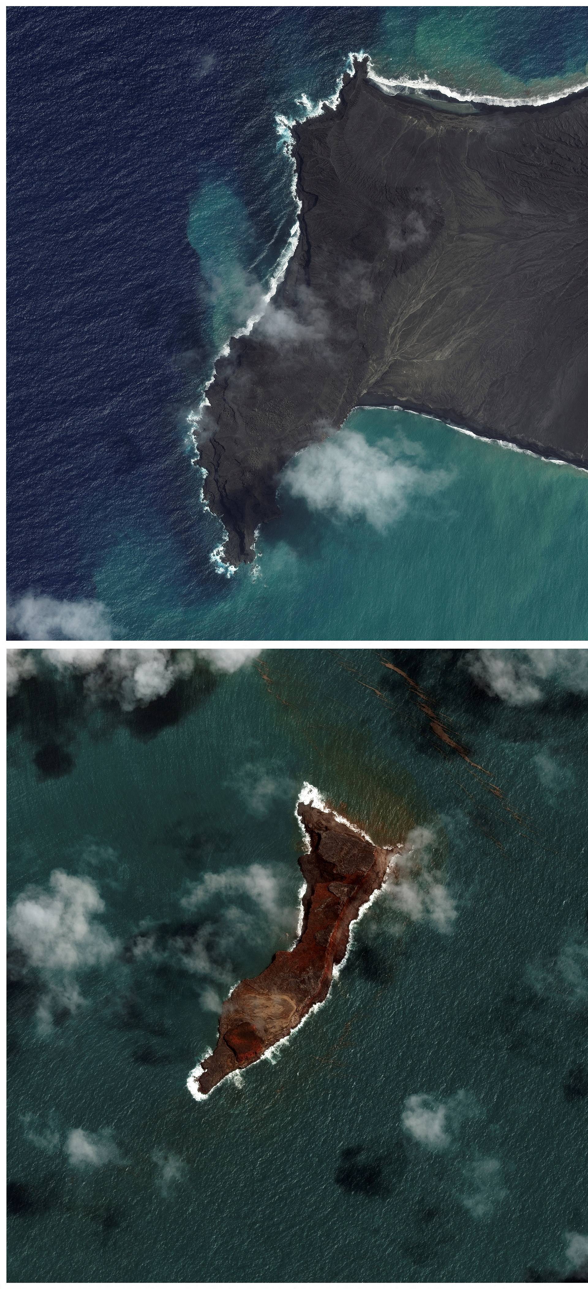 Satellite images show the Hunga Tonga-Hunga Ha'apai volcano before and after its main eruption