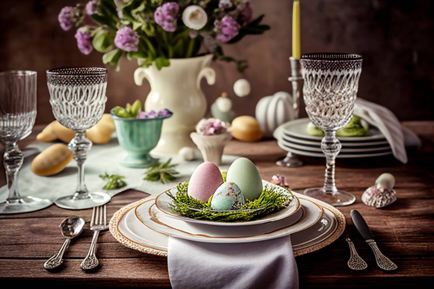 Beautiful table setting for Easter celebration. Generative AI