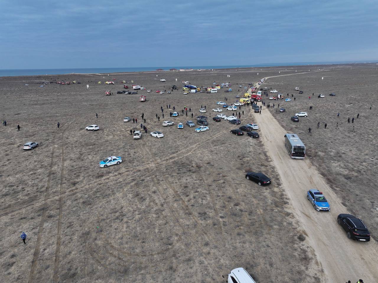 A drone view shows the crash site of a passenger plane near Aktau