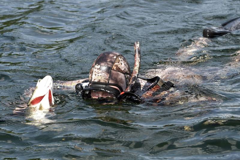 Russian President Vladimir Putin swims holding a fish he caught during the hunting and fishing trip which took place on August 1-3 in the republic of Tyva in southern Siberia