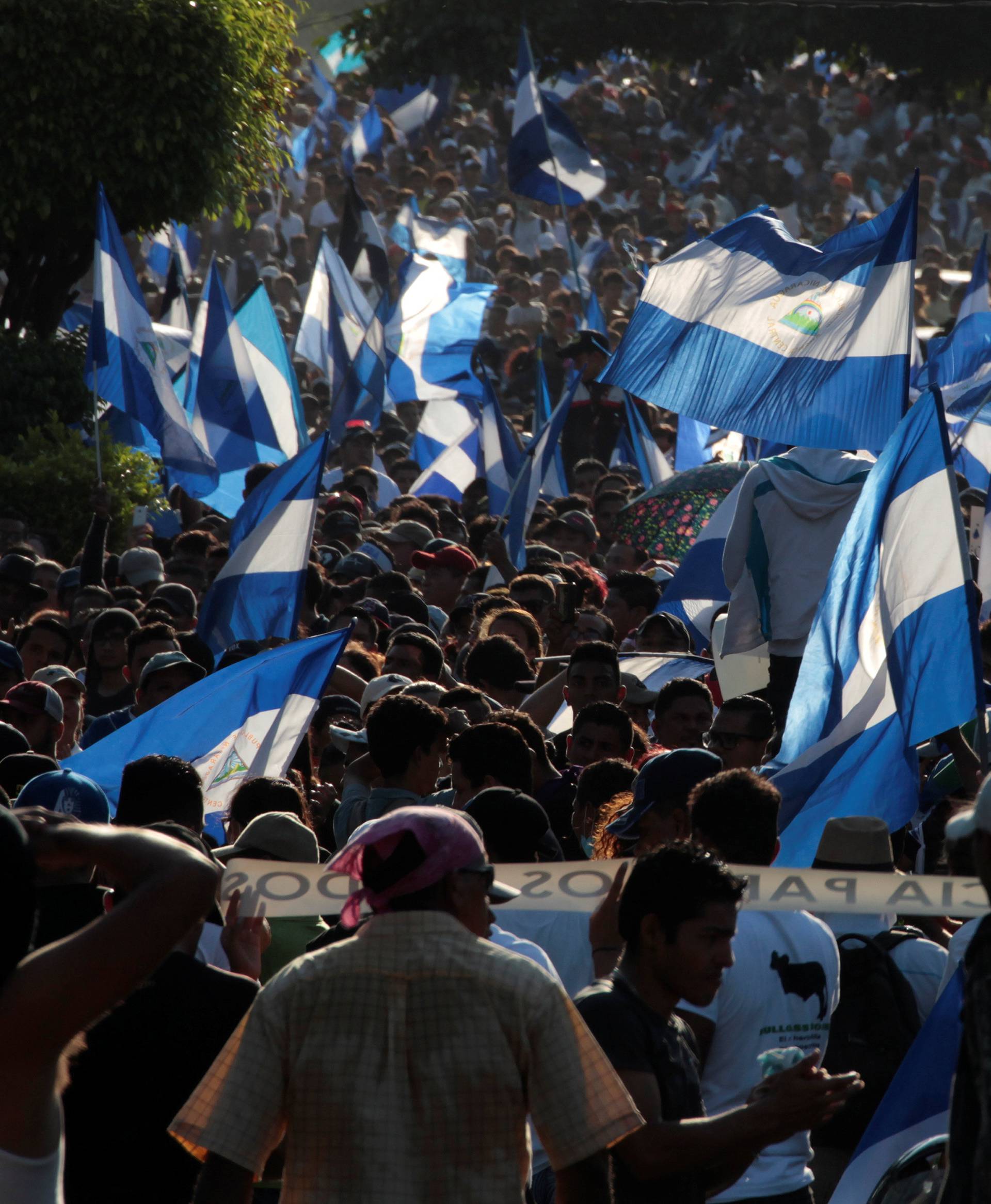 Demonstrators wave flags during a protest against police violence and the government of Nicaraguan President Daniel Ortega in Managua