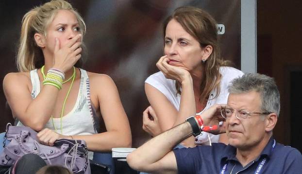 Shakira, wife of Gerard Pique and their two sons, Milan Pique Mebarak and Sasha Pique Mebarak at the match Italy v Spain in Paris