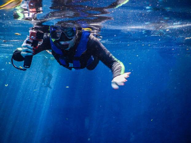 Practicing diving and snorkeling, mysterious lagoon, beautiful l
