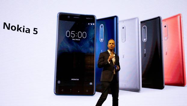 Sarvikas, Chief Product Officer of Nokia-HMD, speaks during presentation ceremony of Nokia 5 device at Mobile World Congress in Barcelona