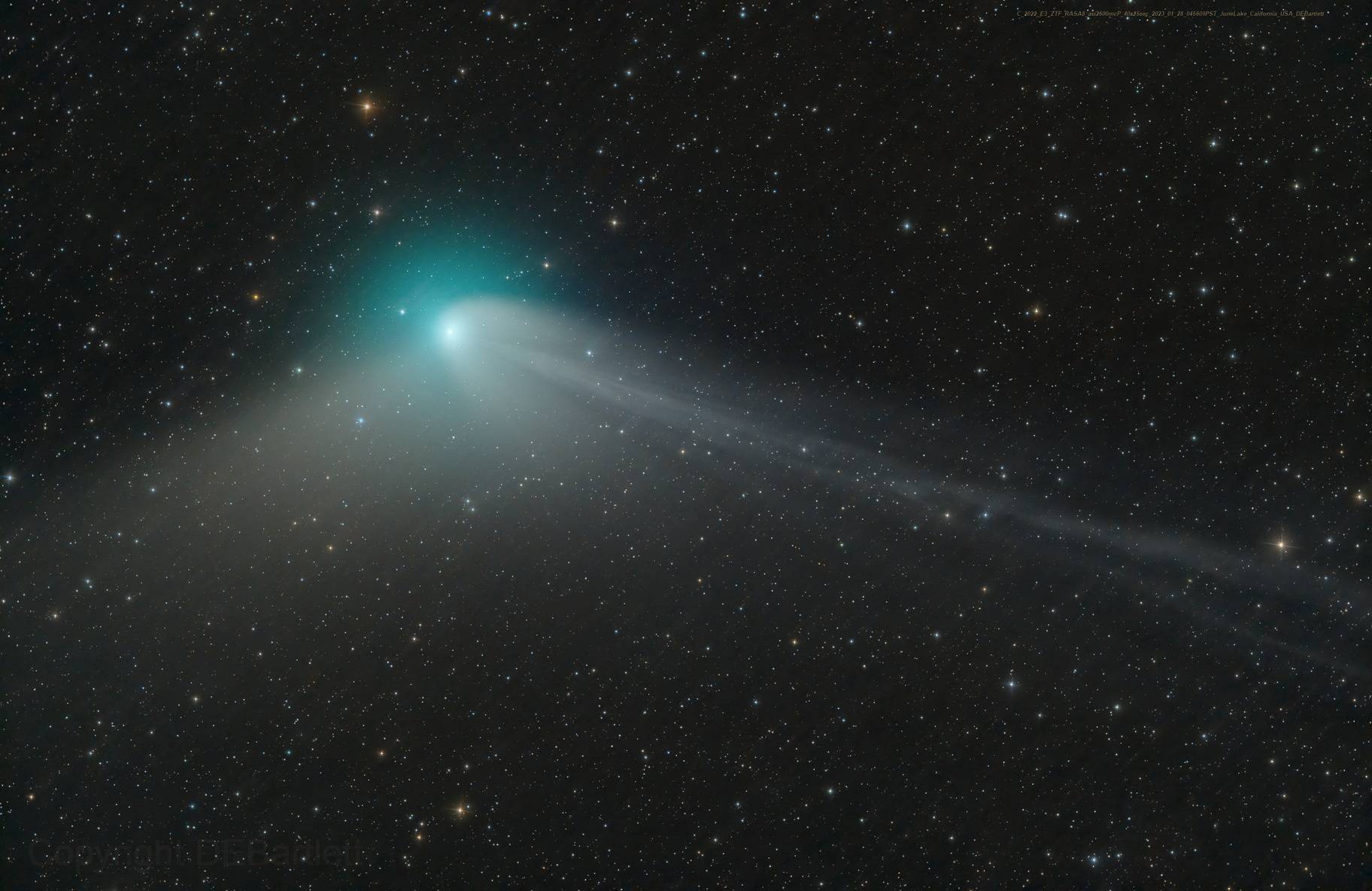 A green comet named Comet C/2022 E3 (ZTF), is seen journeying tens of millions of miles (km) away from Earth in this telescope image