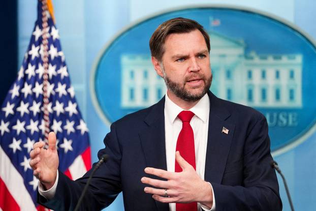 FILE PHOTO: U.S. Vice President JD Vance holds a press briefing at the White House in Washington