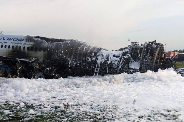 A view shows a damaged Aeroflot Sukhoi Superjet 100 passenger plane after an emergency landing at Moscow