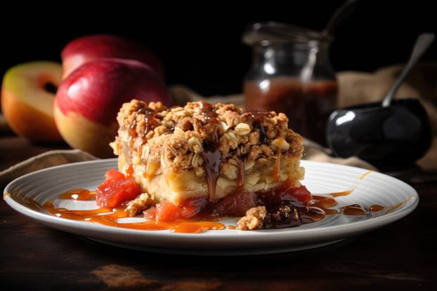 fruit pastry with streusel crumble and caramel sauce