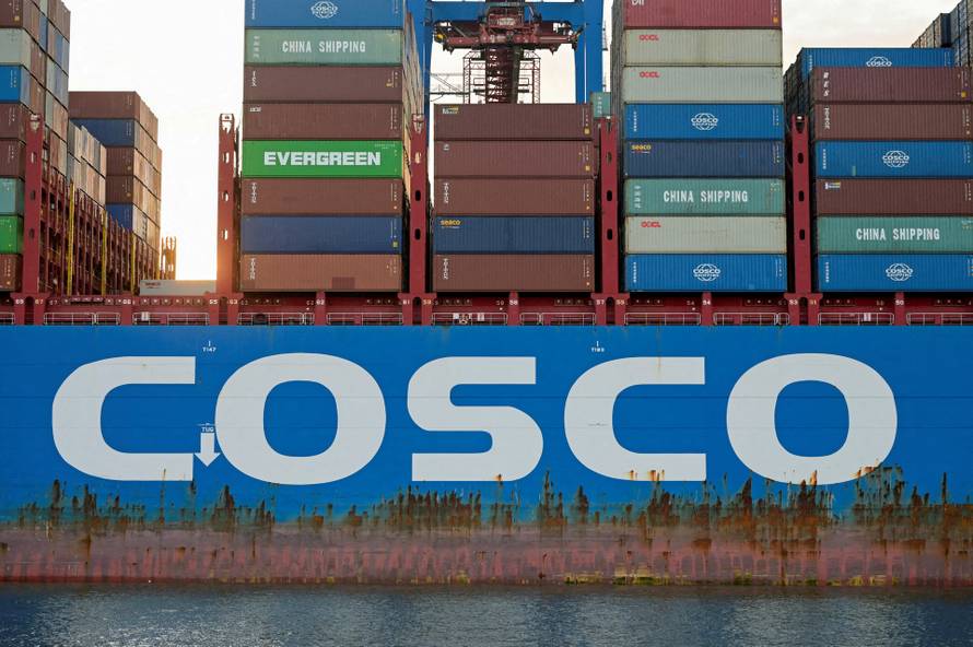 FILE PHOTO: Cargo ship 'Cosco Shipping Gemini' of Chinese shipping company Cosco is loaded at the container terminal 'Tollerort' in the port in Hamburg