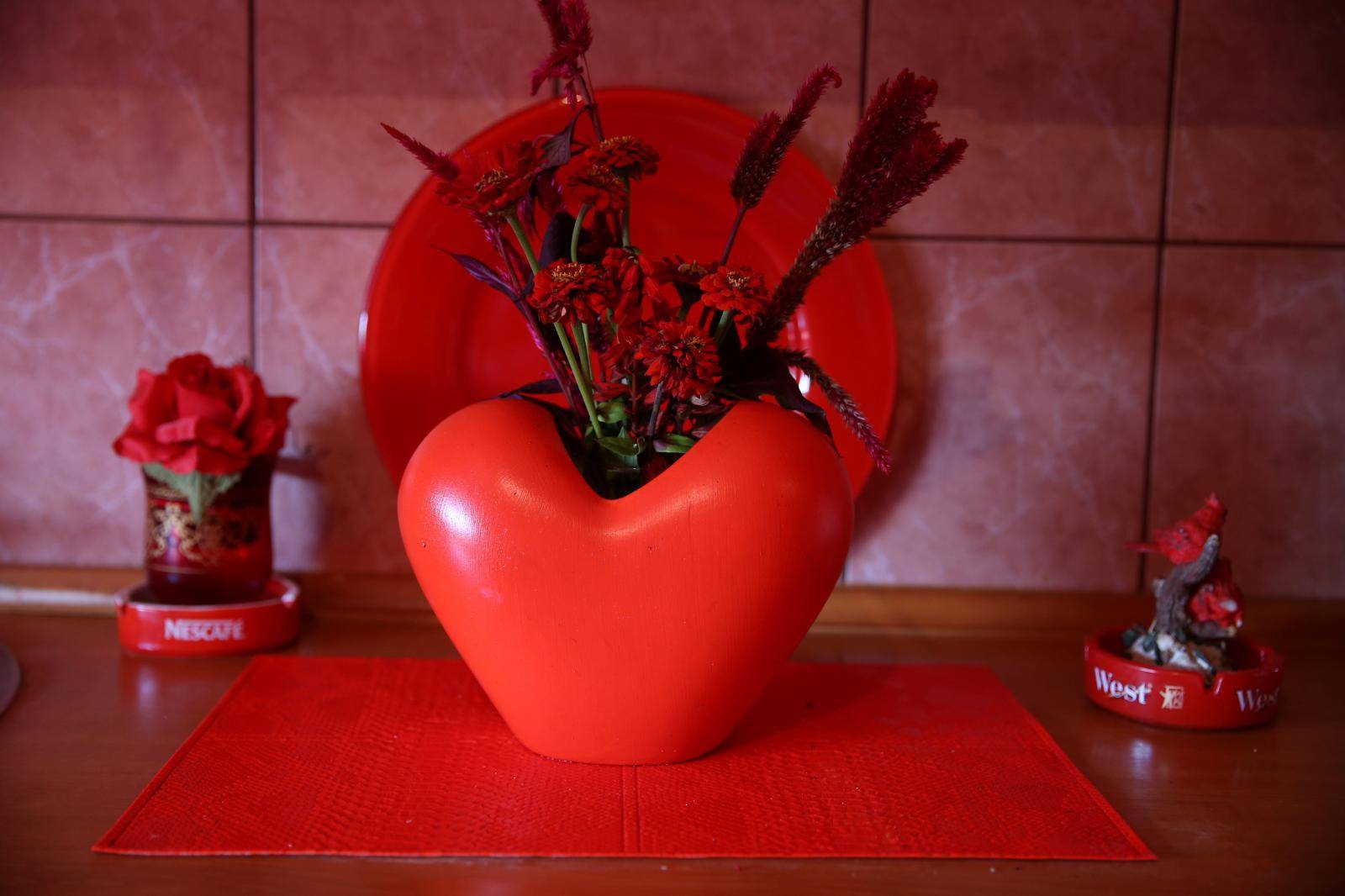 Flowers are seen in the kitchen inside Zorica Rebrenik's house in the village of Breze near Tuzla