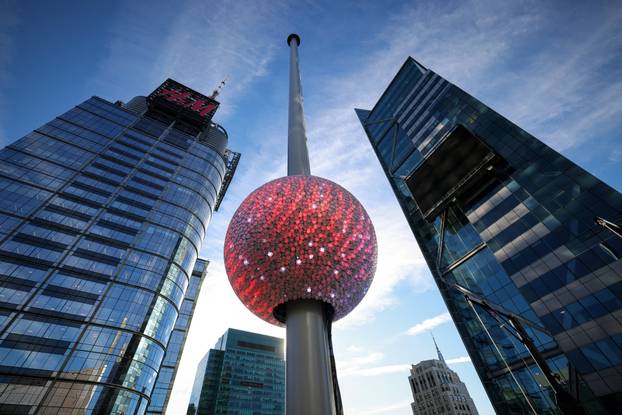 A newly created New Year's eve ball is raised for the first time above One Times Square ahead of the New Year's Eve ball drop in New York