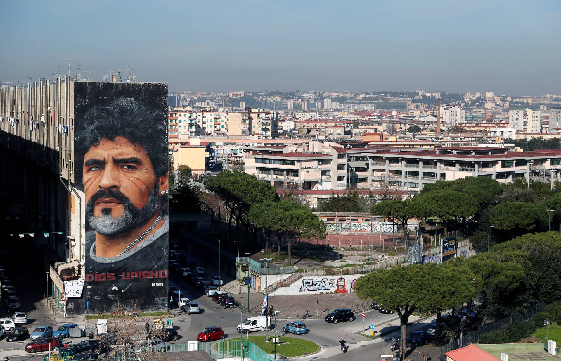 A general view shows a mural by artist Jorit depicting late Argentine soccer legend Diego Maradona, in Naples