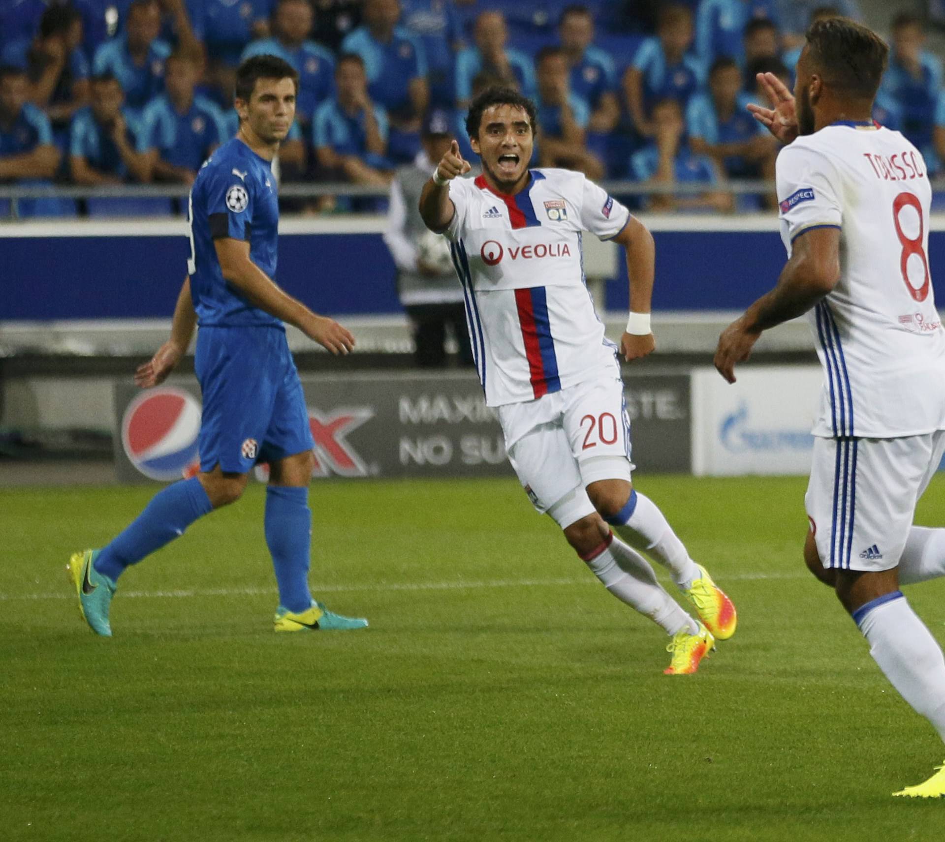 Olympique Lyon's Corentin Tolisso celebrates after scoring against Dinamo Zagreb