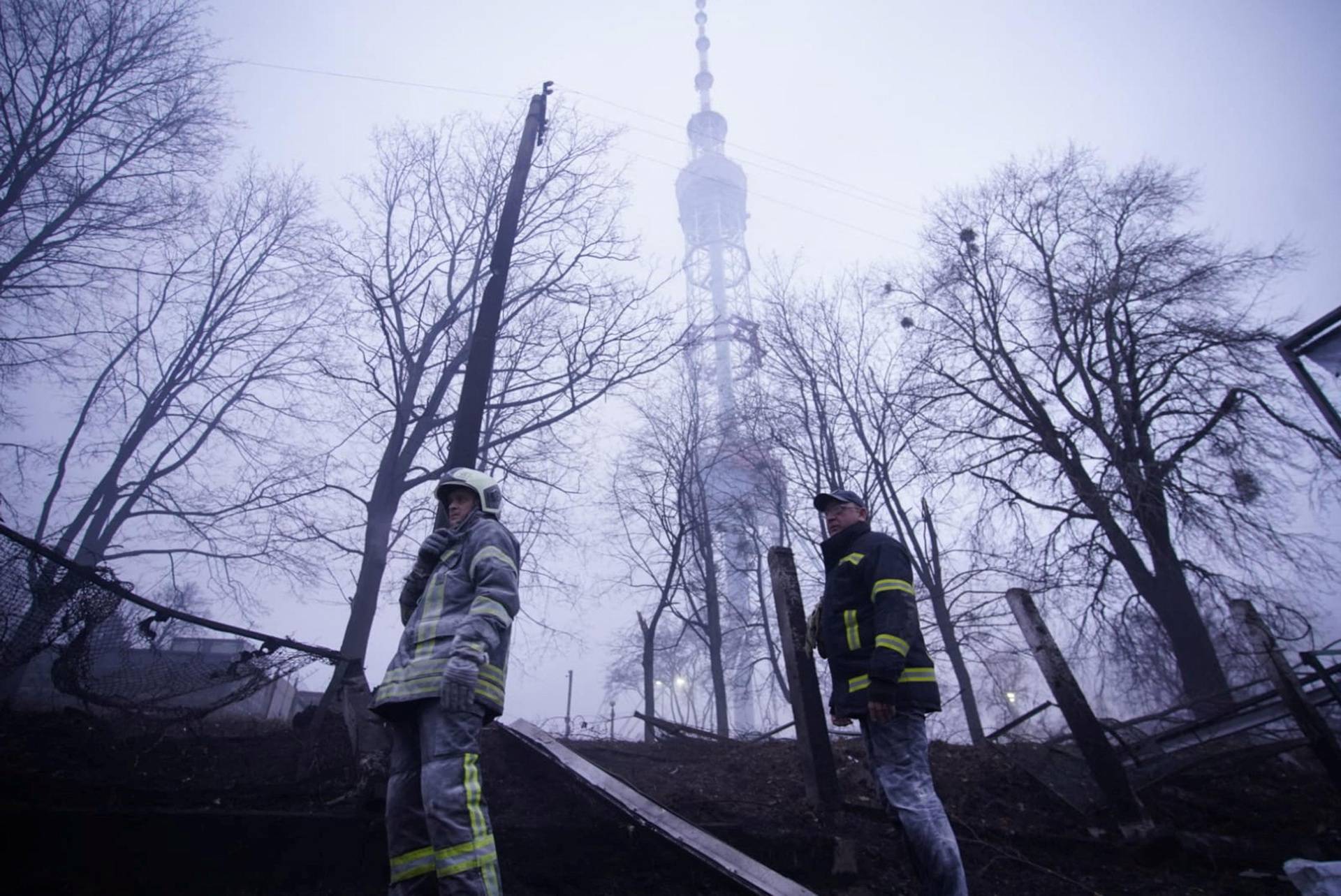 A view shows an affected area following an attack on a television tower in Kyiv