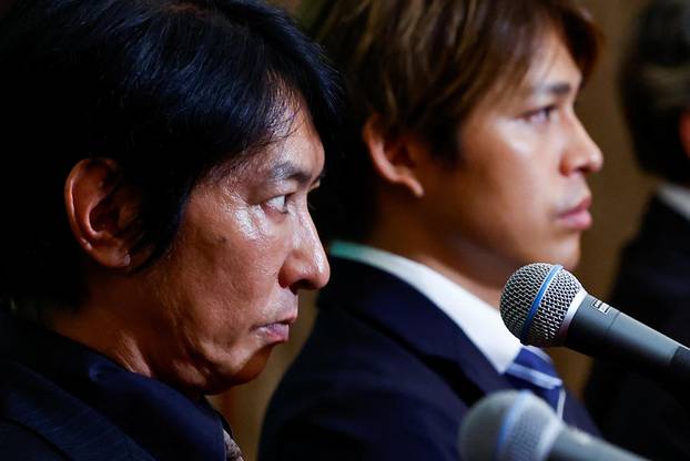 Members of Johnny's Sexual Assault Victims Association attend a press conference in Tokyo