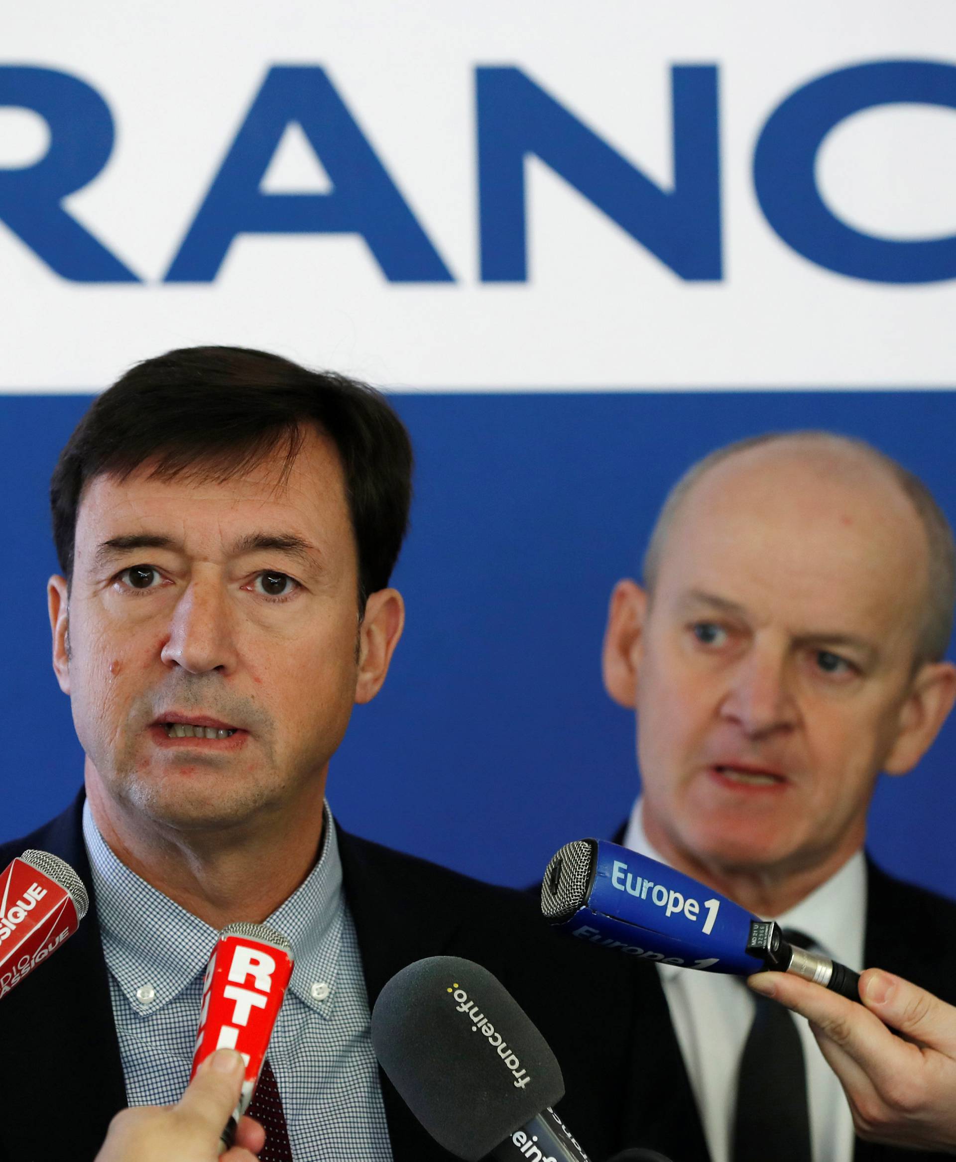 Franck Terner, CEO of Air France, and Chief Operating Officer Alain-Herve Bernard attend a news conference about flights travel delays and disruptions on the eve of a strike called by worker unions over pay, in Paris