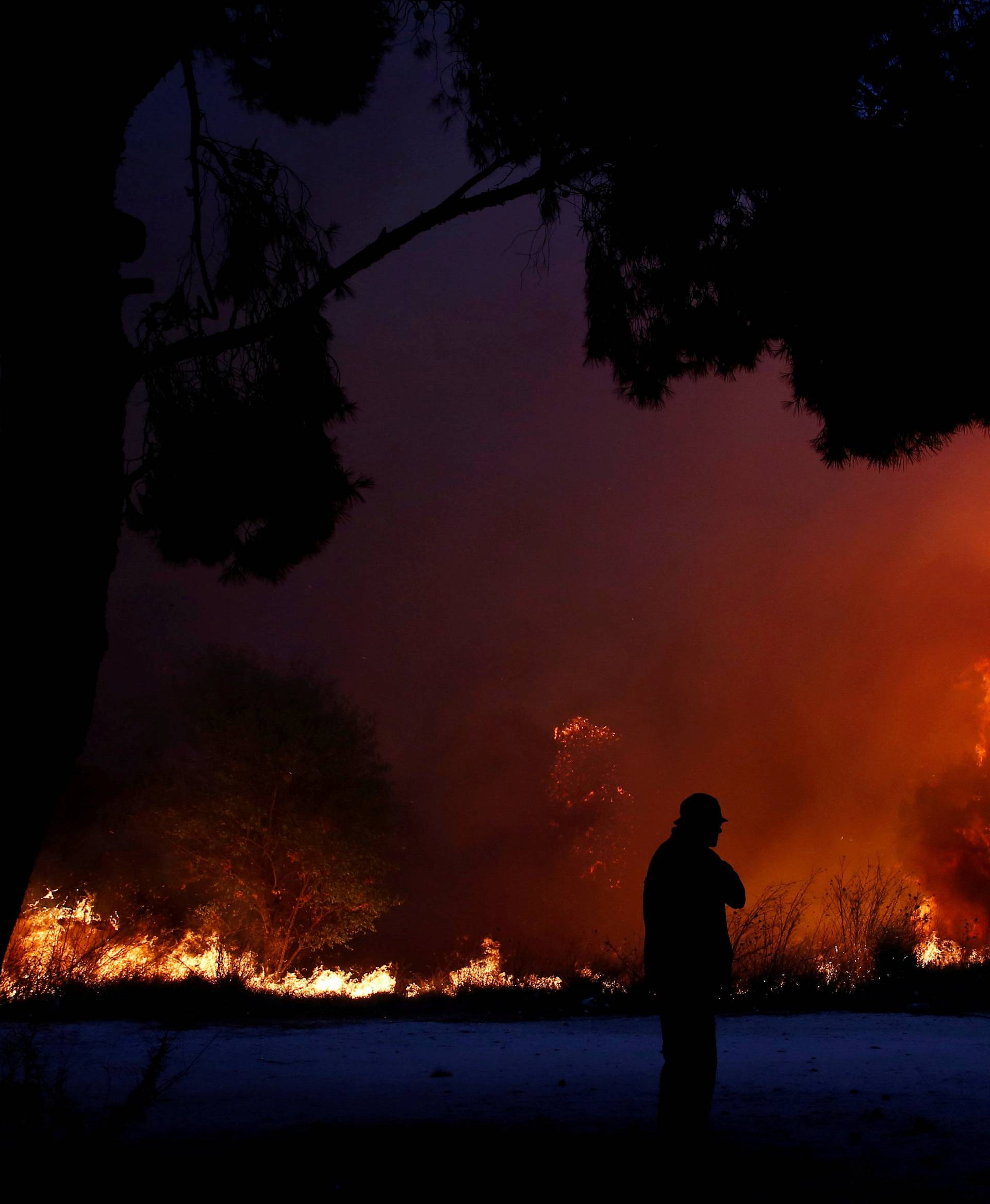 A man looks at the flames as a wildfire burns in the town of Rafina