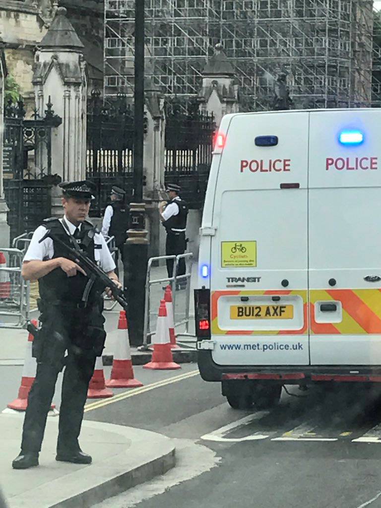 Police officers stand guard outside the Palace of Westminster, in central London