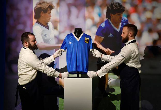 Shirt worn by Argentinian soccer player Maradona is displayed ahead of auction by Sotheby's, in London